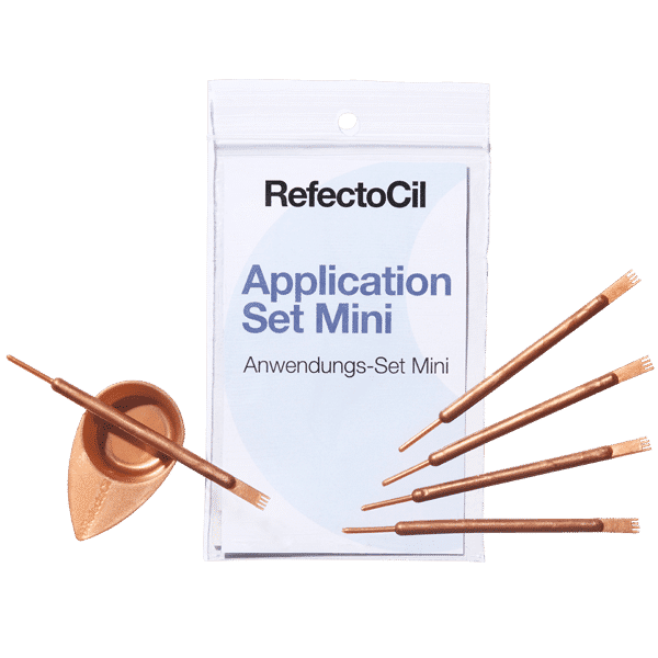 RefectoCil Application Set Mini (5/Pouch) with 5 unbreakable tinting dishes and 5 comb application sticks for flawless tinting, A & E Beauty Supplies. White pouch with brown applicators