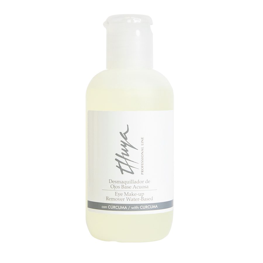 Thuya Eye Makeup Remover with Curcuma, 100ml bottle, available at A & E Beauty Supplies.enriched with curcuma (turmeric). This 100ml formula removes stubborn makeup while nourishing and soothing the delicate eye area.Plastic bottle with white and grey label