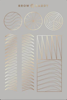 "Brow Daddy 24 Karat Skins, set of 10 protective sheets for skincare treatments, available at A & E Beauty Supplies. Designed for professional use, these skins provide a luxurious experience while safeguarding the skin during procedures.White sheet with gold"