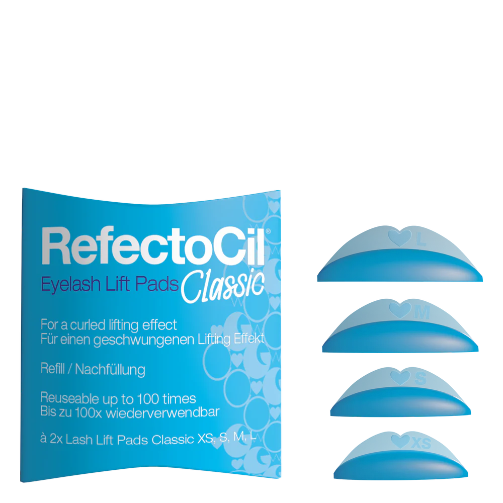 Blue package that says RefectoCil Eyelash Lift Pads Classic along with 4 pads showing the 4 sizes (XS, S, M & L)