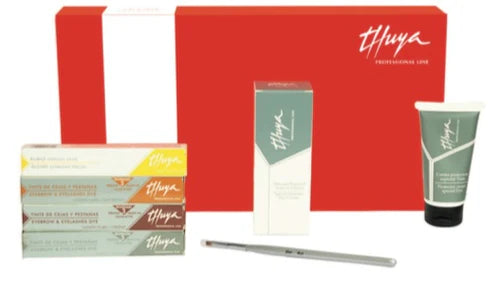 Red & white box of Thuya Eyebrow Dye Kit with colours and tools in front. Found at A & E Beauty Supplies.