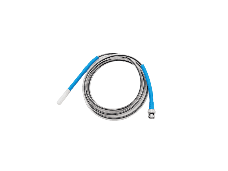 Coiled cable with blue connector on a white background