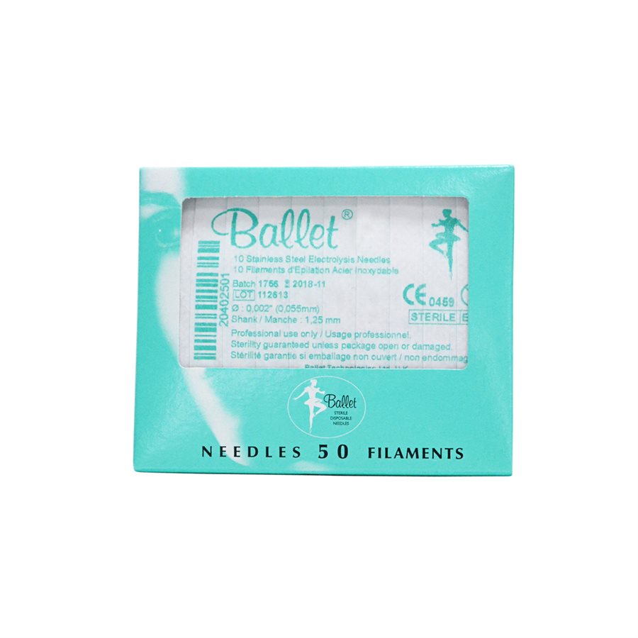 Ballet Stainless Steel Filaments - Box of 50 for Electrolysis Hair Removal | A & E Beauty Supplies Green thin box with a flip top. White centre with green lettering
