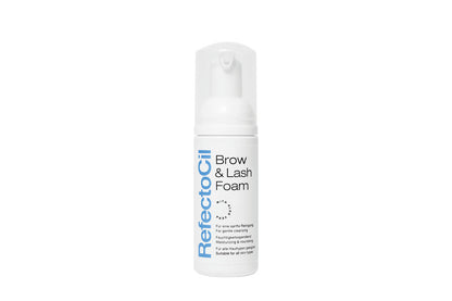 RefectoCil Brow & Lash Foam, 45ml bottle, designed for gentle cleansing during lash and brow treatments, white bottle with push top, clear cap, displayed on a clean, neutral background.