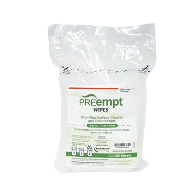 Preempt RTU Wipes in a convenient, easy-to-use container, designed for professional surface disinfecting. soft plastic container with sheets that all out from the top for refilling hard container