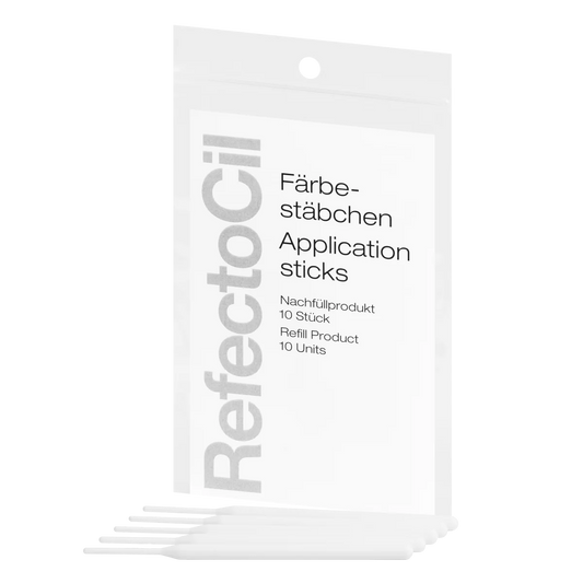 "RefectoCil Application Stick Refill (10-pack) from A & E Beauty Supplies, ideal for precise tint application in salons.White soft pouch package.