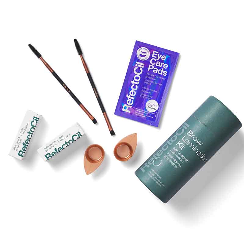 RefectoCil Brow Lamination Kit available at A & E Beauty Supplies for fuller, styled, and long-lasting brows. includes 
2 x tubes lashperm 0.10 oz
2 x tubes neutralizer 0.10 oz
2 x mini-cosmetic dishes
2 x cosmetic brushes
1 x pair of Eye Care Pads FREE