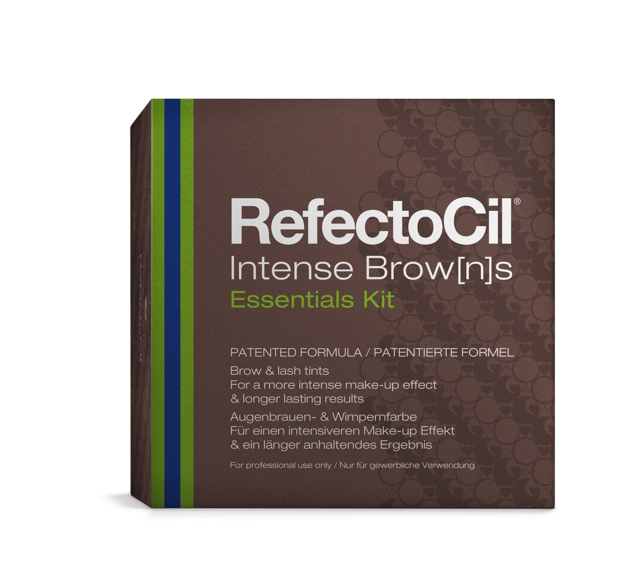 RefectoCil Intense Brow[n]s Essentials Kit with shades, tools, and primers, available at A & E Beauty Supplies.This professional kit includes four vibrant shades, primers, activator gel, brushes, and brow mapping tools. Create personalized, long-lasting results using techniques like Ombre Shading, Full Brow, and Brow Filling.Brown box green and blue stripes