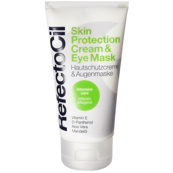 RefectoCil Skin Protection Cream tube with vitamin E, aloe vera, and sweet almond oil for tinting protection - A & E Beauty Supplies. White squeeze tube with hard white cap