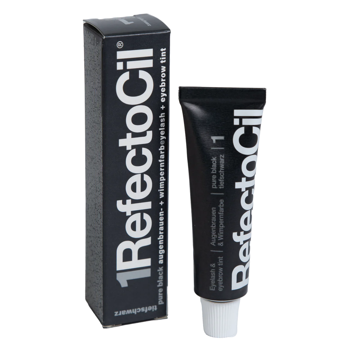 RefectoCil Tint in various shades. Each tube is color-coded to match the tint shade, and the packaging features the RefectoCil logo and product name in bold lettering. The tints are used for brow tinting and lash tinting services, offering a wide range of colors to suit different client preferences. The tubes are arranged on a clean, white background to emphasize the variety and high-quality of the product. Pure black