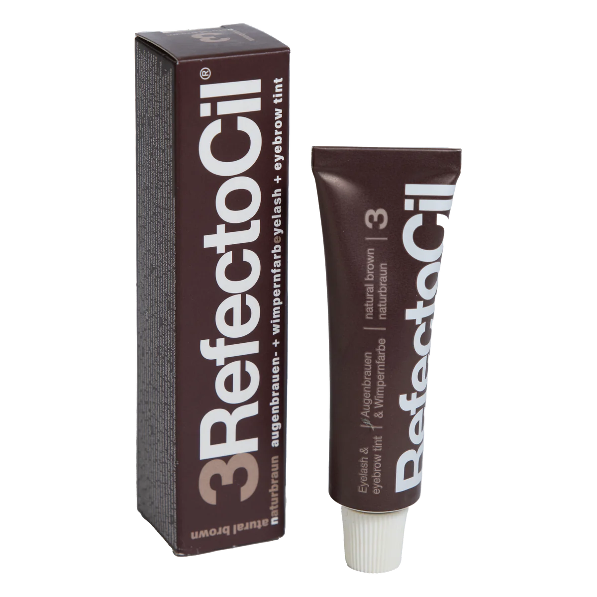 RefectoCil Tint in various shades. Each tube is color-coded to match the tint shade, and the packaging features the RefectoCil logo and product name in bold lettering. The tints are used for brow tinting and lash tinting services, offering a wide range of colors to suit different client preferences. The tubes are arranged on a clean, white background to emphasize the variety and high-quality of the proRefectoCil Eyelash & Eyebrow Cream Hair Tints. Natural brown eyelash tint. Natural brown eyebrow tint. 15ml