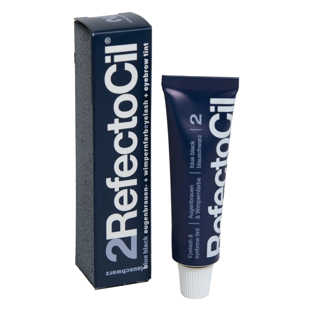 RefectoCil Tint in various shades. Each tube is color-coded to match the tint shade, and the packaging features the RefectoCil logo and product name in bold lettering. The tints are used for brow tinting and lash tinting services, offering a wide range of colors to suit different client preferences. The tubes are arranged on a clean, white background to emphasize the variety and high-quality of the product. Blue Black Eyebrow tint 15ml
