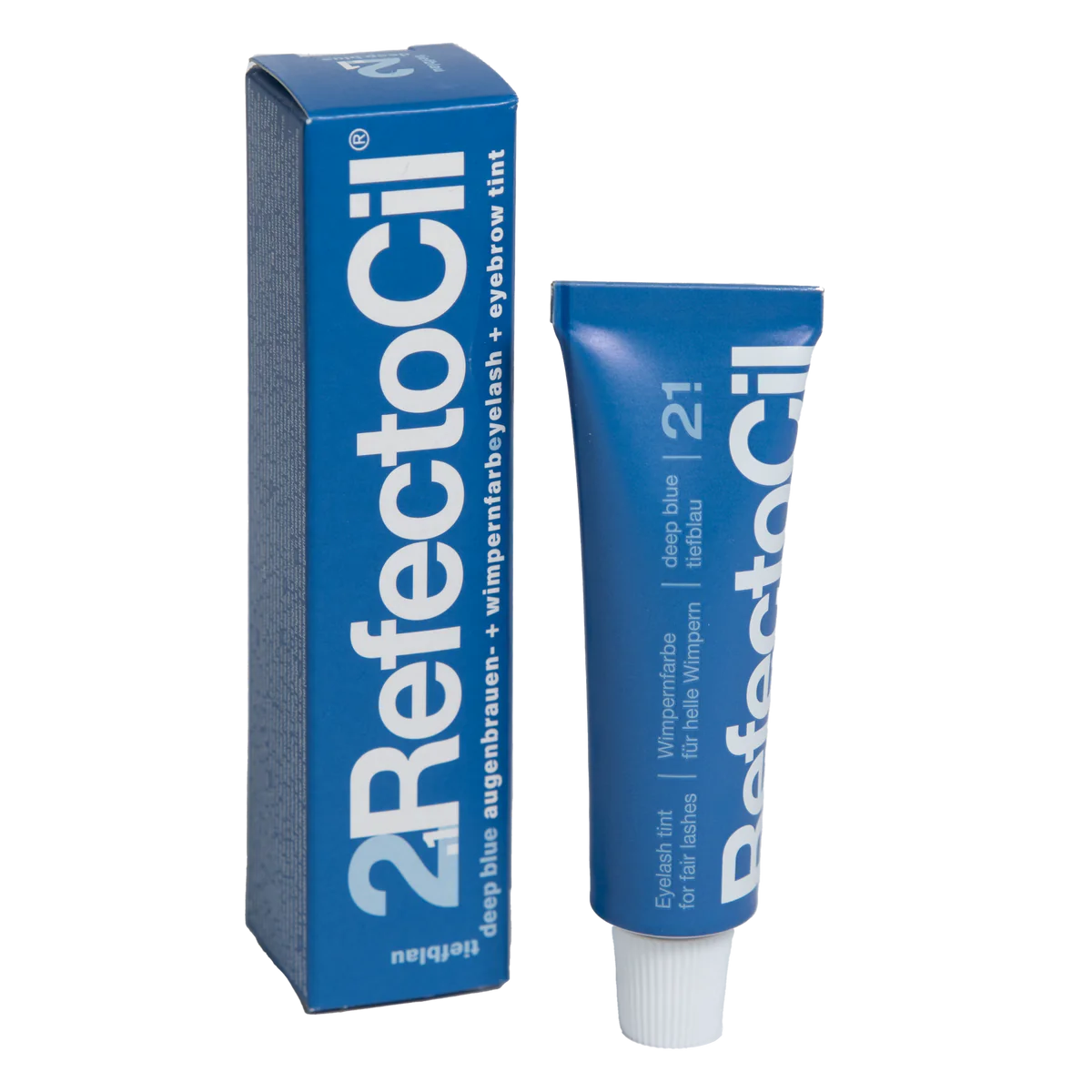 RefectoCil Tint in various shades. Each tube is color-coded to match the tint shade, and the packaging features the RefectoCil logo and product name in bold lettering. The tints are used for brow tinting and lash tinting services, offering a wide range of colors to suit different client preferences. The tubes are arranged on a clean, white background to emphasize the variety and high-quality of the product. RefectoCil Eyelash & Eyebrow Cream Hair Tints.  Deep blue Eyelash tint. Deep Blue eyebrow tint 15ml
