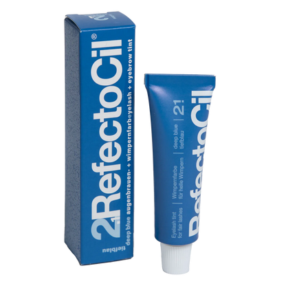 RefectoCil Tint in various shades. Each tube is color-coded to match the tint shade, and the packaging features the RefectoCil logo and product name in bold lettering. The tints are used for brow tinting and lash tinting services, offering a wide range of colors to suit different client preferences. The tubes are arranged on a clean, white background to emphasize the variety and high-quality of the product. RefectoCil Eyelash & Eyebrow Cream Hair Tints.  Deep blue Eyelash tint. Deep Blue eyebrow tint 15ml