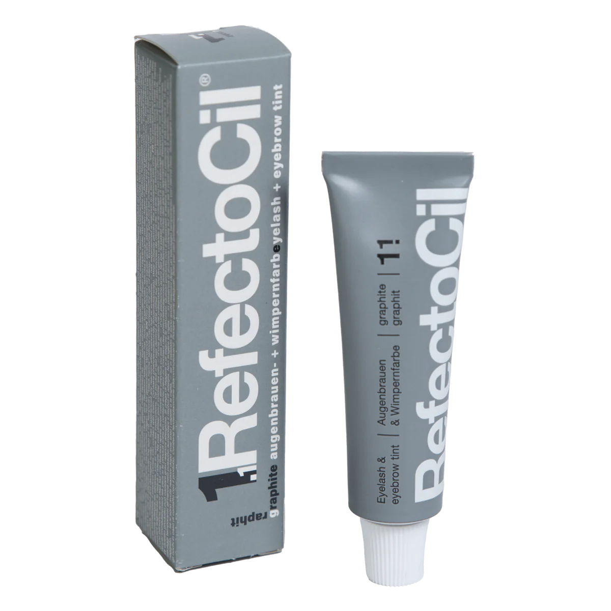 RefectoCil Tint in various shades. Each tube is color-coded to match the tint shade, and the packaging features the RefectoCil logo and product name in bold lettering. The tints are used for brow tinting and lash tinting services, offering a wide range of colors to suit different client preferences. The tubes are arranged on a clean, white background to emphasize the variety and high-quality of the product.Graphite Eyebrow tint 15 ml