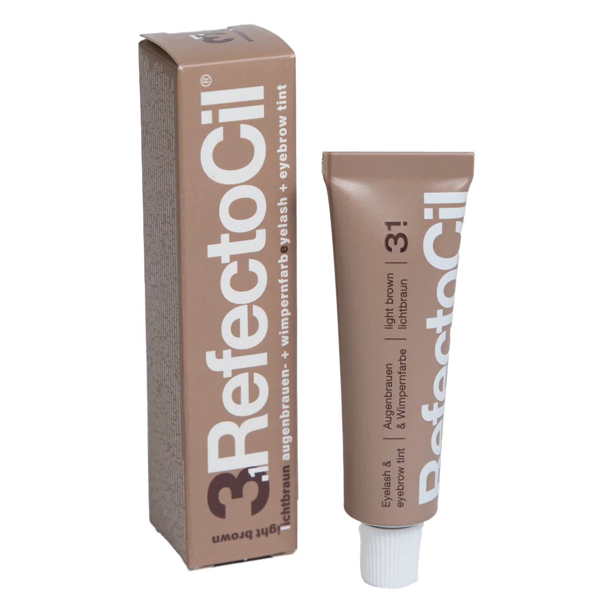 RefectoCil Tint in various shades. Each tube is color-coded to match the tint shade, and the packaging features the RefectoCil logo and product name in bold lettering. The tints are used for brow tinting and lash tinting services, offering a wide range of colors to suit different client preferences. The tubes are arranged on a clean, white background to emphasize the variety and high-quality of the product. Eyelash & Eyebrow Cream Hair Tints. Light brown Eyelash tint. 15ml