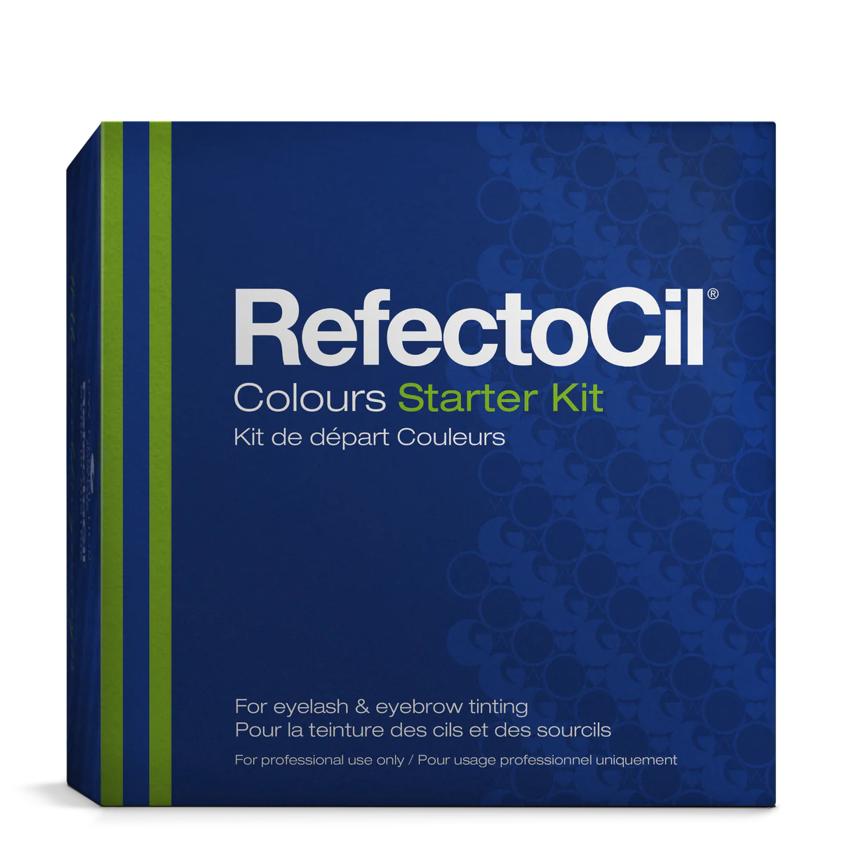 RefectoCil Professional Tinting Starter Kit, including tints, tools, and guides, available at A & E Beauty Supplies. The Colours Starter Kit is ideal for practice purposes in schools and for anyone working with RefectoCil® eyebrow and eyelash tints for the first time. Perfect for students and beginners in lash and brow tinting. Blue box with white lettering with green stripes