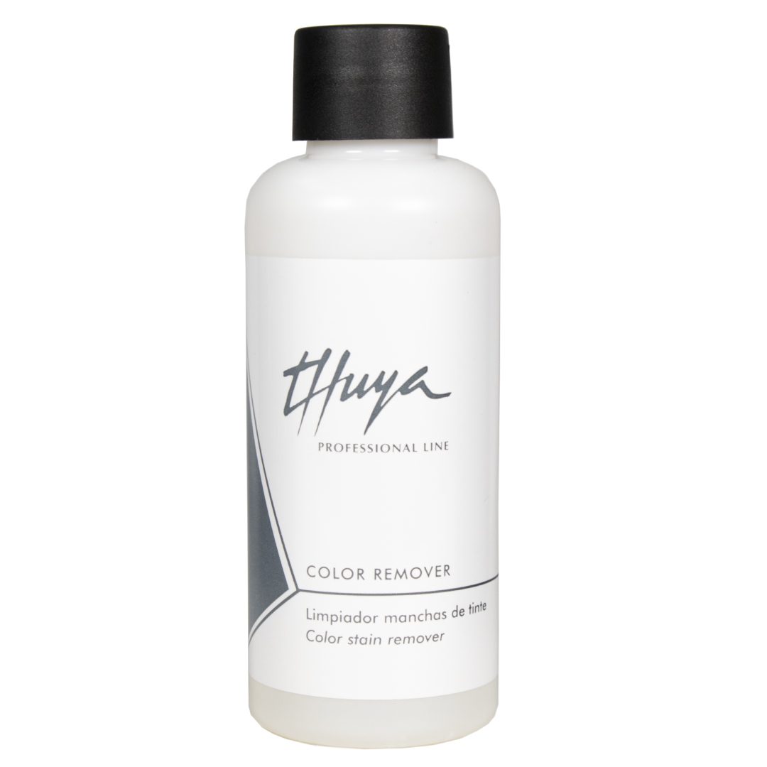 Thuya Color Remover for safely removing dye stains from the skin without irritation, available at A & E Beauty Supplies. White bottle with grey lettering
