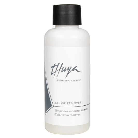 Thuya Color Remover for safely removing dye stains from the skin without irritation, available at A & E Beauty Supplies. White bottle with grey lettering