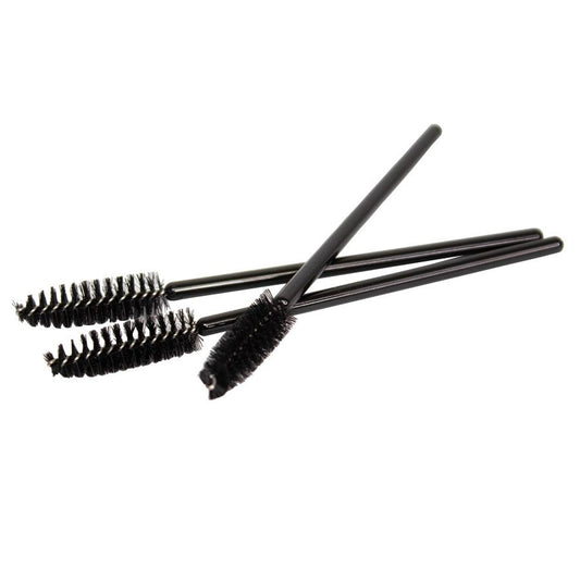 Thuya mascara brush pack (25 units) with soft bristles for even application, ideal for lash and brow tinting, from A & E Beauty Supplies. 3 brushes in this picture