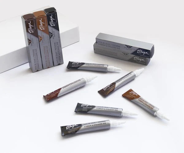 Thuya Tint Kit  | A & E Beauty Supplies
This kit includes:

Tints: 1 x deep black, 1 x blue-black, 1 x brown, 1 x light brown
1 x Special protector cream dye 50 ml
1 x Godet, 1x brush dye
1 x regenerating cream with argan 15ml
2 x protector paper for dye 25units
1 x Special solution oxidant cream