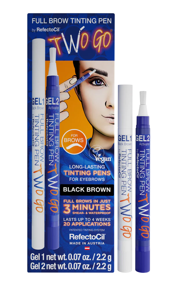 Two Go Pen by RefectoCil from A & E Beauty Supplies, convenient eyebrow tinting tool with waterproof and smear-proof results. Blue box with two pens. Two Go Refectocil Long lasting tinging pen for eyebrows. Full brows in just 3 minutes