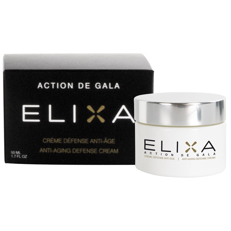 "A bottle of Action de Gala Elixa anti aging defence cream designed to firm and hydrate the skin around the eyes and lips, perfect for facial treatments, available at A & E Beauty Supplies"