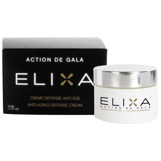 "A bottle of Action de Gala Elixa anti aging defence cream designed to firm and hydrate the skin around the eyes and lips, perfect for facial treatments, available at A & E Beauty Supplies"