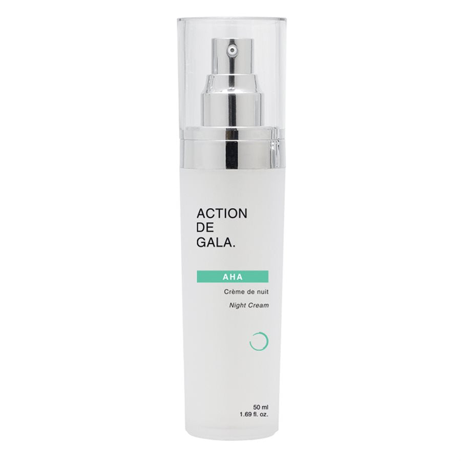 A jar of Action de Gala AHA Night Cream (34-6024) with a sleek, professional design, formulated to exfoliate and hydrate skin overnight, available at A & E Beauty Supplies