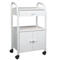 "Constella Advantage Cart with Drawer & Cabinet in white, offering organized storage space for beauty tools and accessories."
