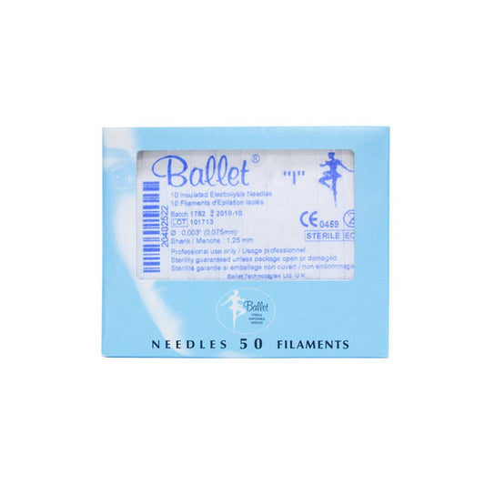 Ballet Insulated Filaments - Box of 50 for Electrolysis Hair Removal | A & E Beauty Supplies. Blue thin box with white centre on face