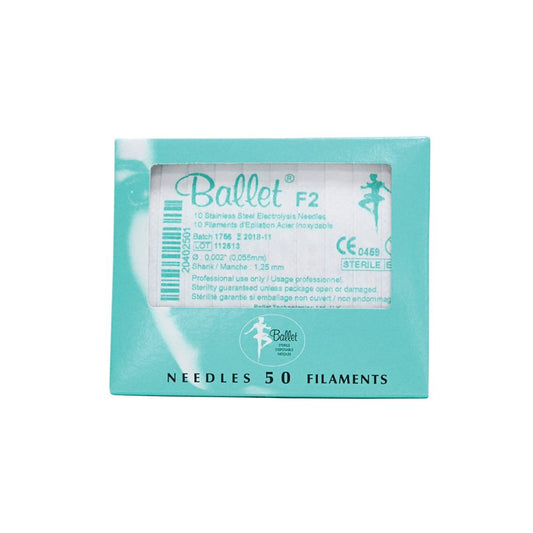 Ballet Stainless Steel Filaments - Box of 50 for Electrolysis Hair Removal | A & E Beauty Supplies Green thin box with a flip top. White centre with green lettering