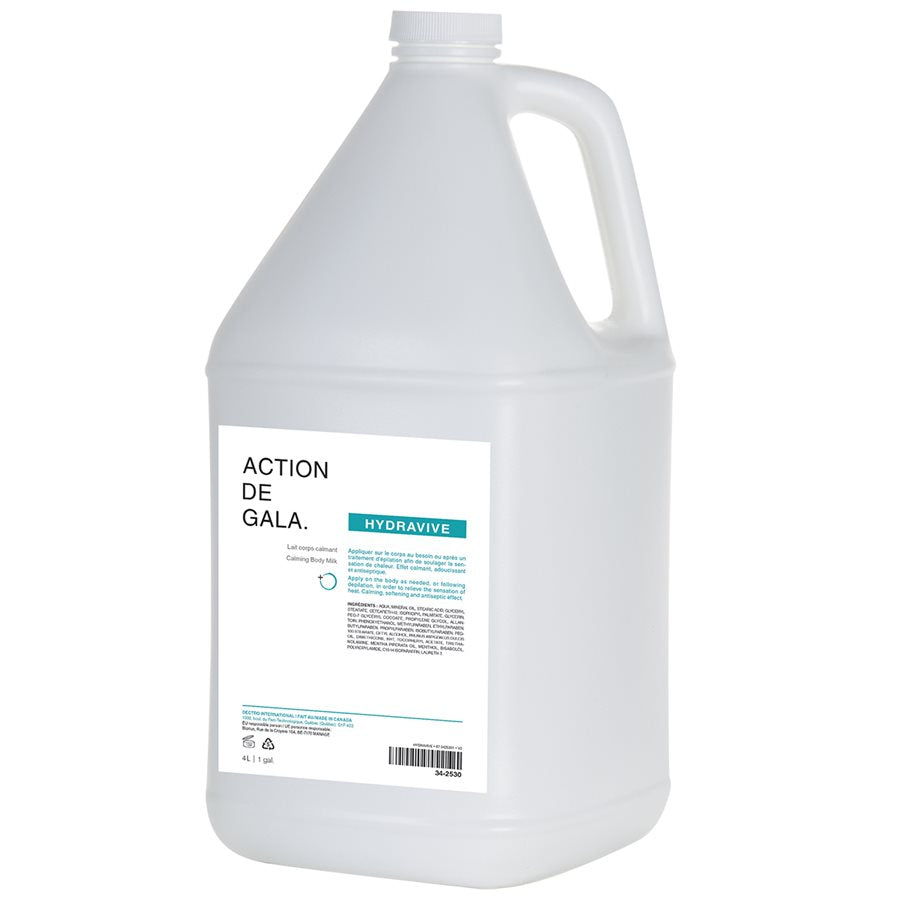 "A bottle of Hydravive Calming Milk by Action de Gala, a gentle and soothing formula for calming sensitive skin, ideal for facials and daily care, available at A & E Beauty Supplies. A semi clear bottle with a small twist cap, with a clean sleek label"
