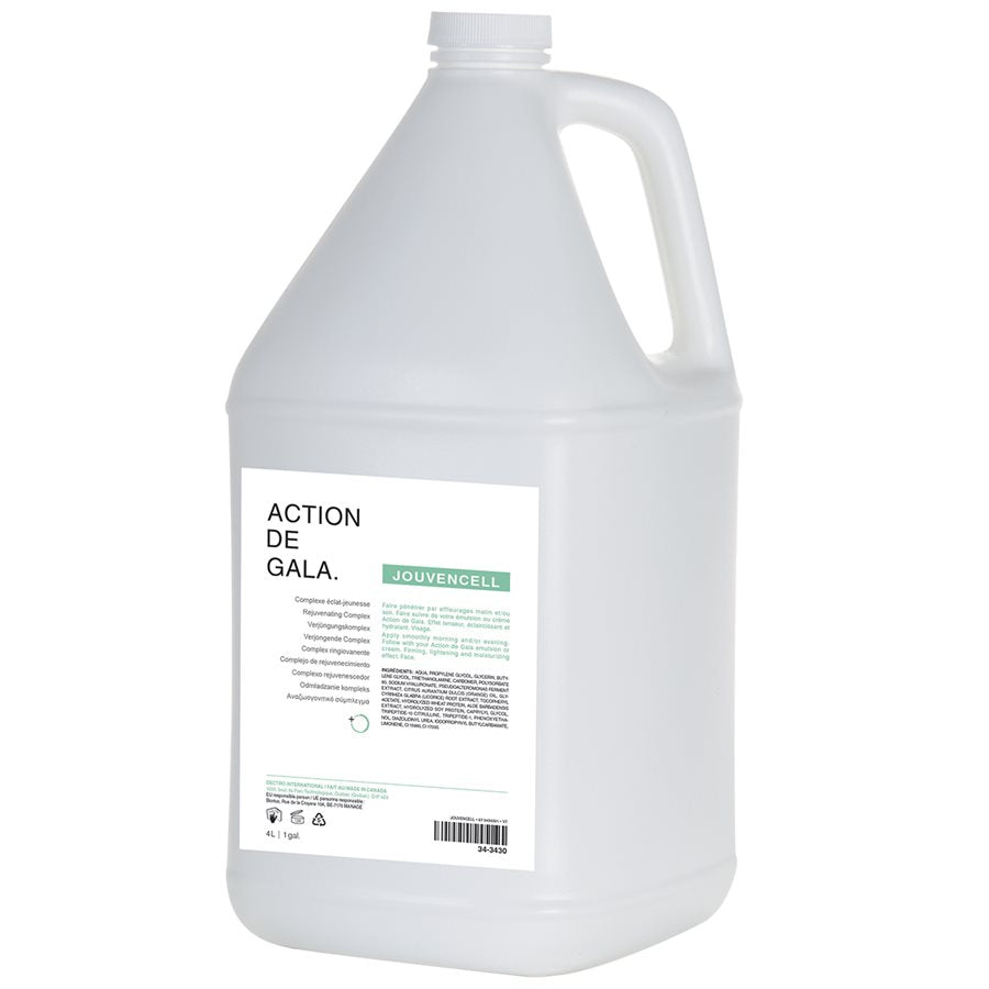 A 4L bottle of Jouvencell Rejuvenating Complex by Action de Gala, an advanced anti-aging formula ideal for professional facials and home skincare, available at A & E Beauty Supplies. A Clean white bottle with a hard white cap