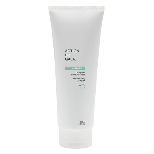 A 200ml bottle of Jouvencell Rejuvenating Complex by Action de Gala, an advanced anti-aging formula ideal for professional facials and home skincare, available at A & E Beauty Supplies. A Clean white bottle with a hard white cap