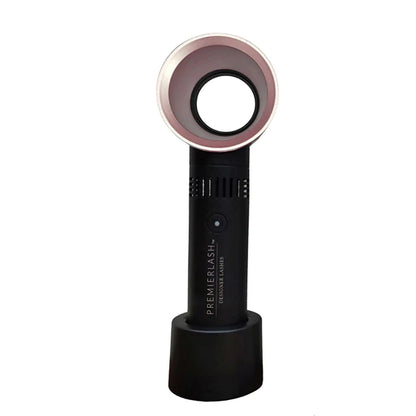 PremierLash Lash Fan by A & E Beauty Supplies, portable bladeless fan with noise-cancelling technology for efficient lash drying. open cycle on top of a stand.