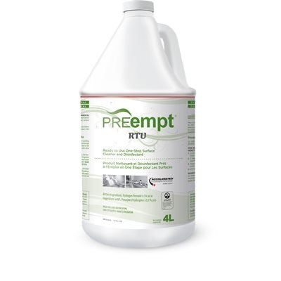 Pre-empt RTU ready to use, 4L disinfectant for effective sterilization of tools in beauty and medical settings. large white jug with handle with liquid inside