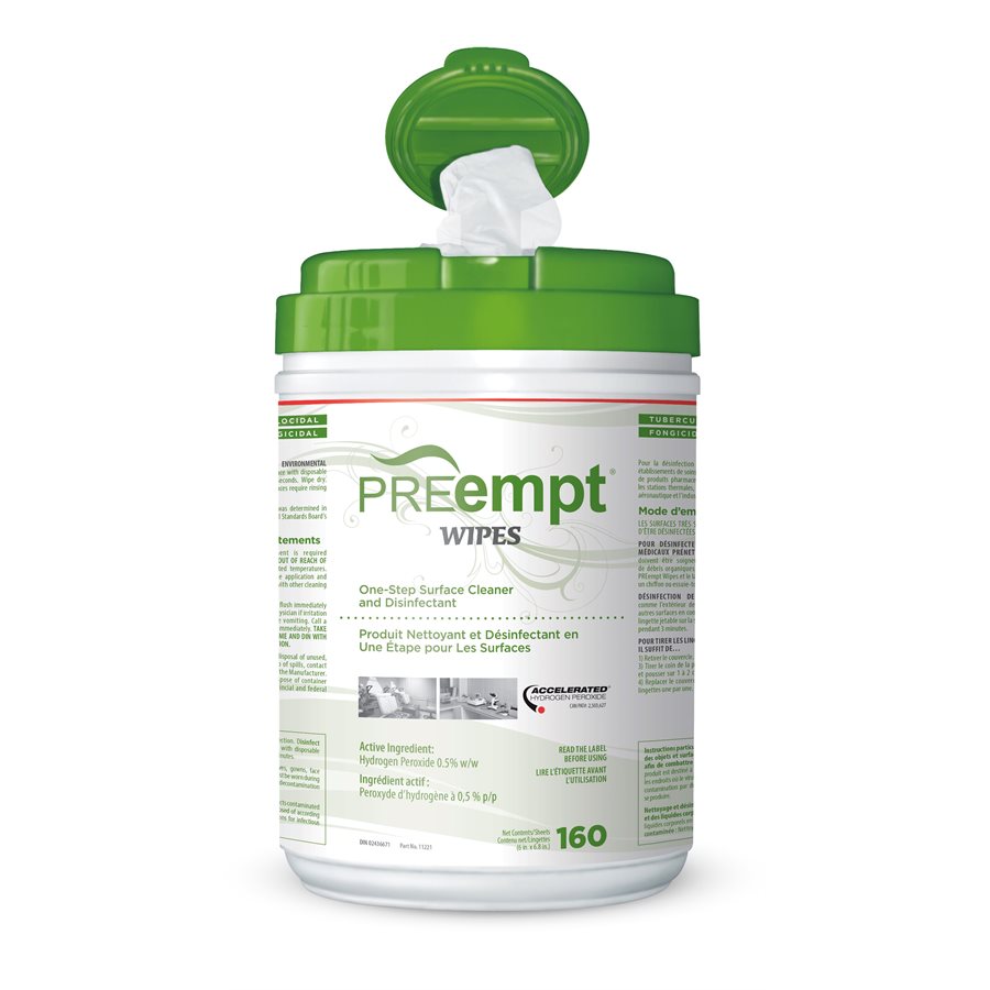 Preempt RTU Wipes in a convenient, easy-to-use container, designed for professional surface disinfecting. Round plastic container with sheets that all out from the top
