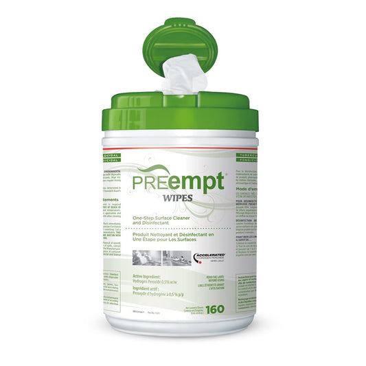 Preempt RTU Wipes in a convenient, easy-to-use container, designed for professional surface disinfecting. Round plastic container with sheets that all out from the top