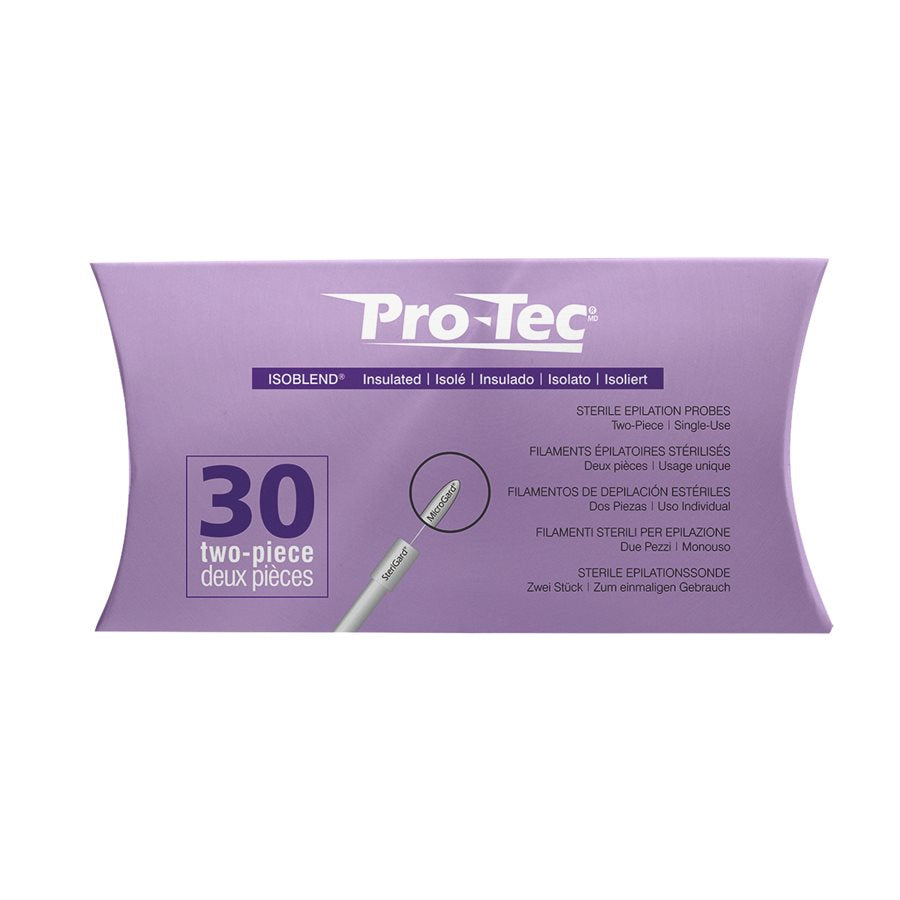 Pro-Tec Isoblend Insulated Probes - 30pk for Electrolysis Hair Removal | A & E Beauty Supplies Purple packaging with white and purple lettering on a clean white background