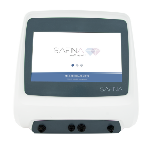 "Safina Pur microdermabrasion device designed for deep exfoliation, targeting imperfections like dark spots, wrinkles, and scars. With corundum microcrystals for exfoliating and improving skin texture."