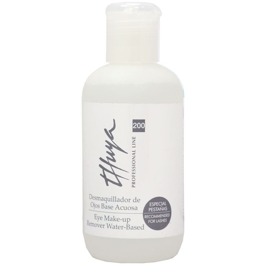 Thuya Water-Based Eye Makeup Remover, 120ml clear liquid in a bottle, designed for gentle removal of makeup around the eyes, ideal for sensitive skin. White soft bottle with skinny plastic lid