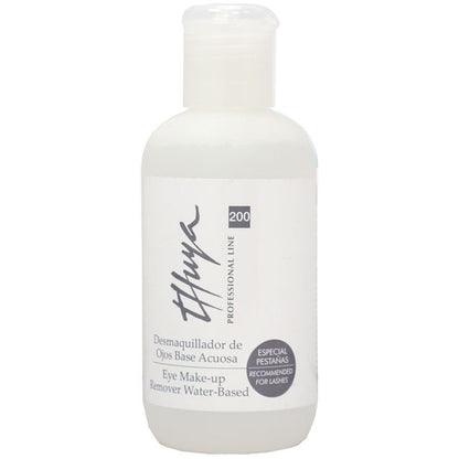 Thuya Water-Based Eye Makeup Remover, 120ml clear liquid in a bottle, designed for gentle removal of makeup around the eyes, ideal for sensitive skin. White soft bottle with skinny plastic lid