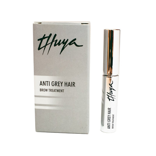 Thuya Anti Grey Hair Brow Treatment for restoring brow pigment and enhancing strength and shine, available at A & E Beauty Supplies. Sleek silver bottle in a clean white box