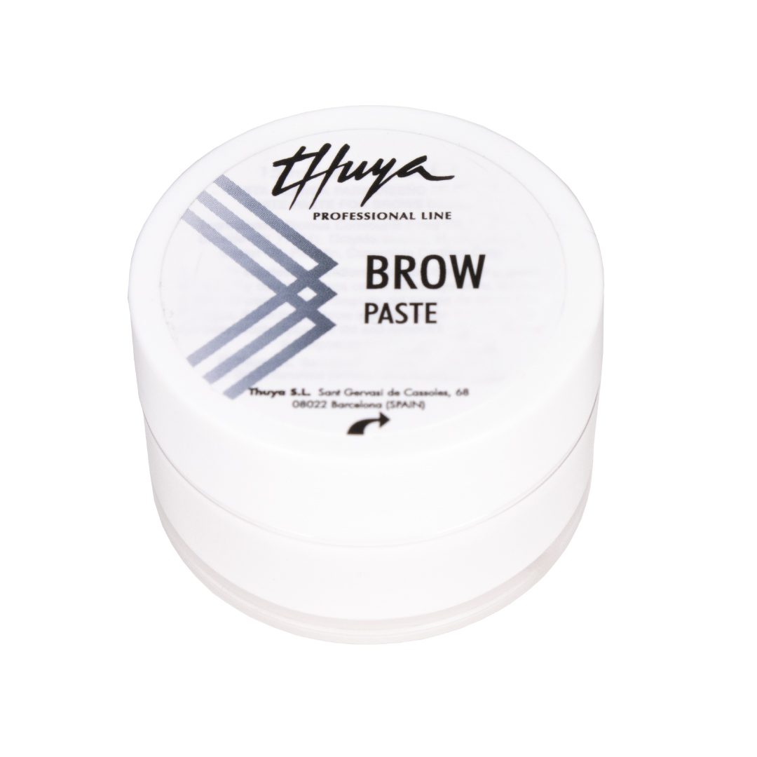 Thuya Brow Paste, 15ml white sculpting cream in a compact container, ideal for defining brows during brow shaping and lamination treatments. A white cylinder
with a twist top lid