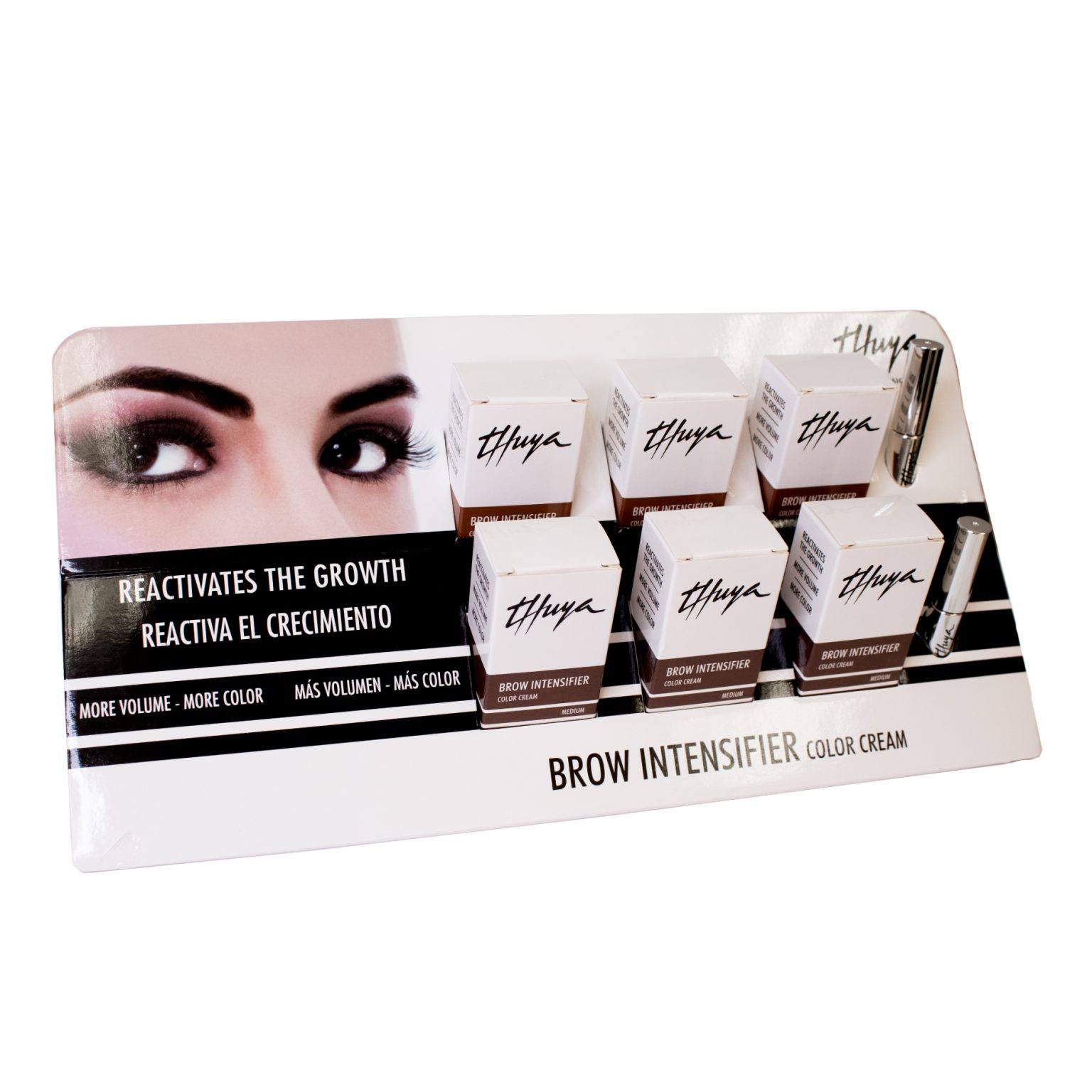 Thuya New Brow Intensifier 4ml for fuller, defined brows, nourishing and enhancing the natural brow color, available at A & E Beauty Supplies. A display of all of the colours with a women's eyes and brows 